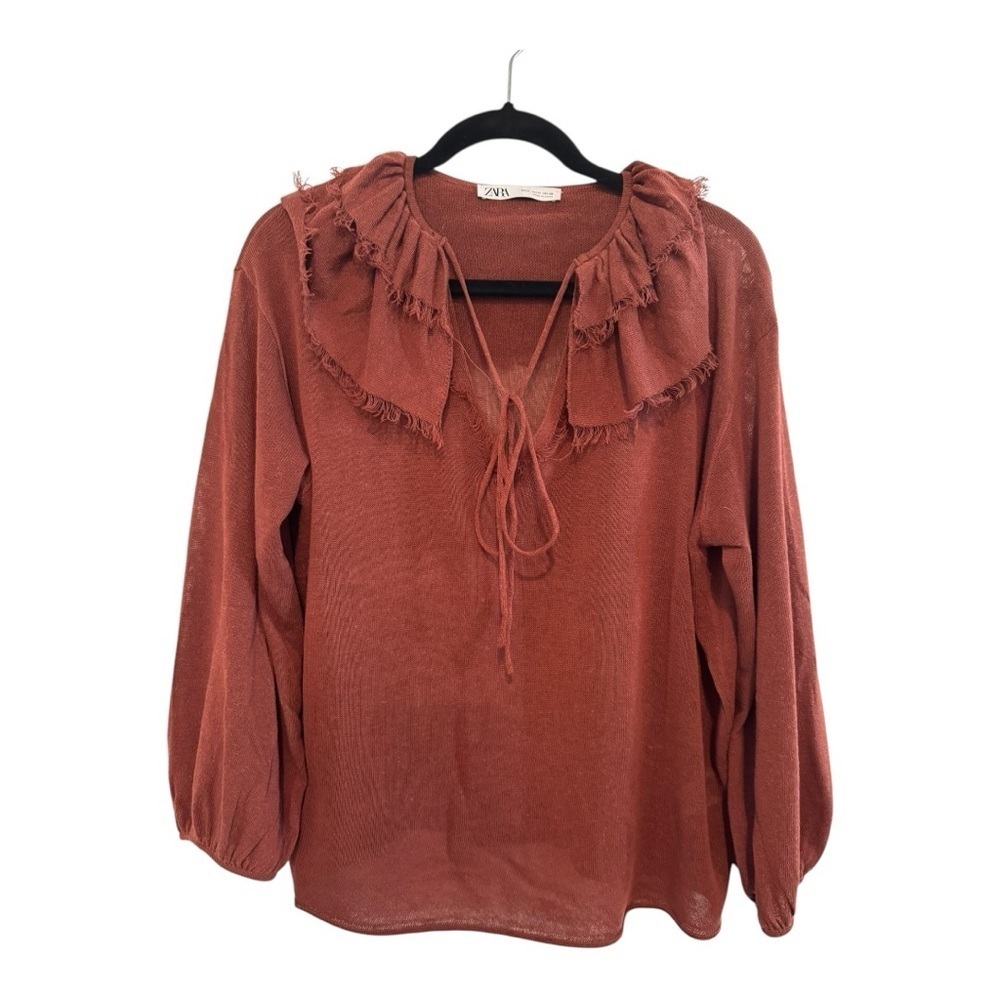 Zara Burgundy Ruffled Tie Front 3/4 Sleeve Blouse M NWOT - Picture 4 of 6